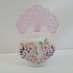 Vintage Fenton Hand-Painted Frosted Glass Perfume Bottle With Pink Floral Stoppe